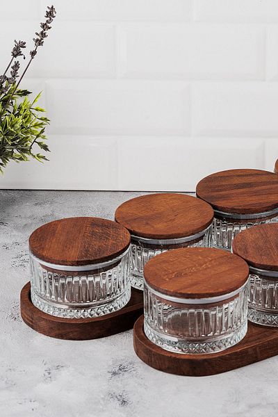 LUX ET AMOR Vella 8 Piece Tray Wooden Vacuumed Glass Breakfast Multi-Purpose Glass Snack Bowl with Lid 235ml
