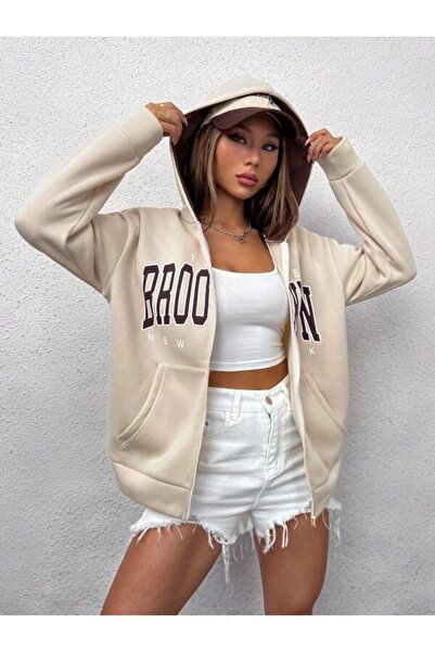 Machetta Stone Colored Unisex Brooklyn Printed Fleece Cardigan / Jacket - 3 Thread Zipper