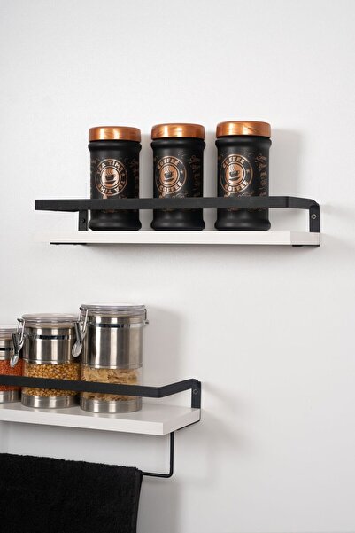 Home Mutfak Rafı Ahşap Metal Havluluk 2 Raflı Duvara Monte Baharatlık