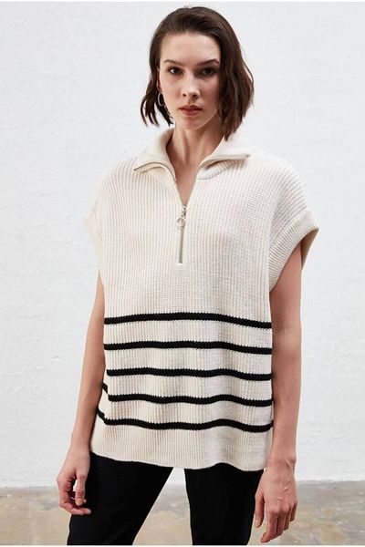 Melike Bakar Boutique Knitted Stand Collar - Oversize Sweater with Half Zipper