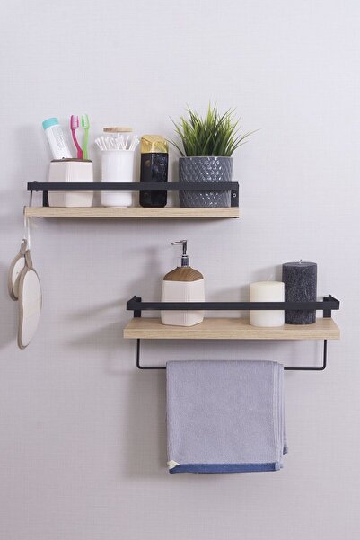 Home Banyo Rafı Ahşap Metal Banyo Havluluk 2 Raflı Duvara Monte Sabunluk
