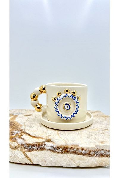 Port Aksesuar Evil Eye Designed 24K Gold Decorated Handmade Ceramic Cup 120ml