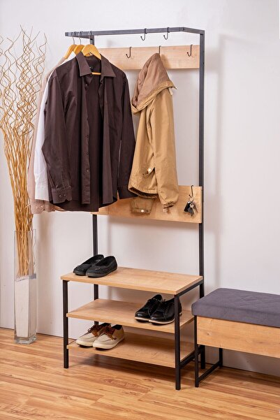 Home Portmanto Metal Ahşap Askılık Mini Vestiyer Portmanto Ayakkabılık