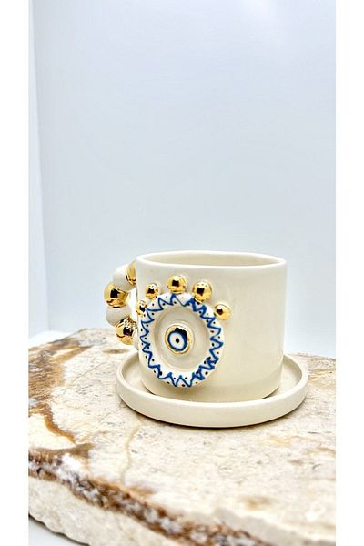 Port Aksesuar Evil Eye Designed 24K Gold Decorated Handmade Ceramic Cup 120ml