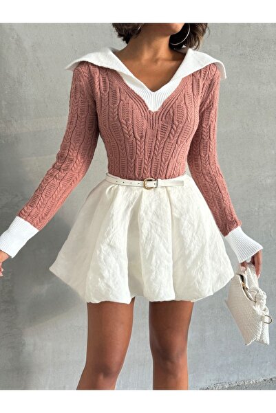 Nosia Geniş Polo Yaka Saç Örgü Triko Kazak