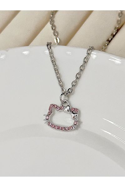 Hello Kitty Cat Zircon Pink Stone Shiny Necklace