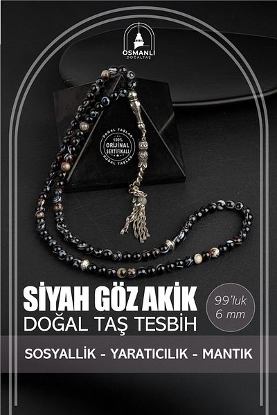 OSMANLI DOĞAL TAŞ Black Eye Agate Natural Stone Rosary 99Pcs - 6mm