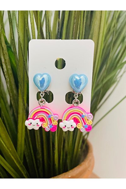 1PARÇAMAVİ أقراط أطفال متدلية على شكل قلب بألوان قوس قزح - أقراط أطفال مضغوطة...