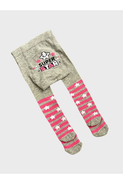 ALİŞ KİDS Girl's Gray Cotton Star Patterned Pink Striped Pantyhose