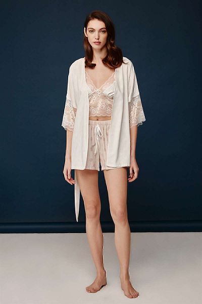 Bonnie Clyde - Set pijama 3 piese din vascoza bej pentru dama