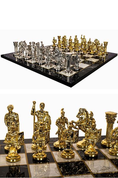 Cooper Chess 44cm Marble Patterned Large Metal Chess Set - Antique Roman Empire Caesar Figure