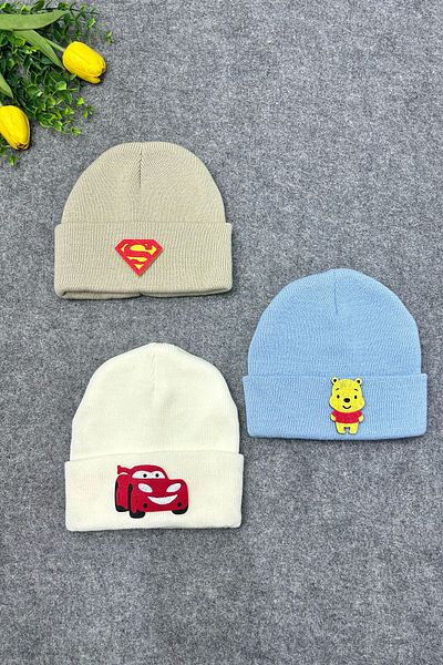 MYADA Boy's Themed 3-Piece Stylish Plain Knitwear Beret