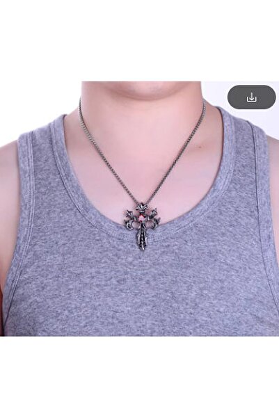 daisybydaisy Antik Eskitme Gümüş Renk Kırmızı Zirkon Taşlı Ejder Detaylı Gotik Ortaçağ Haç Kolye