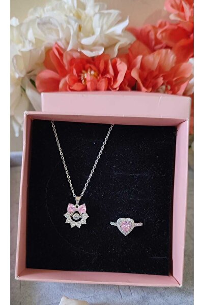 HKN AVM ACCESSORİES Kalpli Yüzük Pembe Taş Detaylı Kolye Ciddi Ilişki Yüzüğü Set