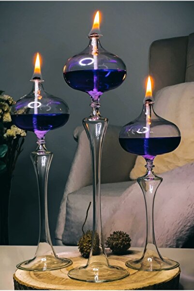 Shabbo Glass Elips Şamdan Cam Kandil 3lü Set Mor Hediyelik Dekoratif Aksesuar