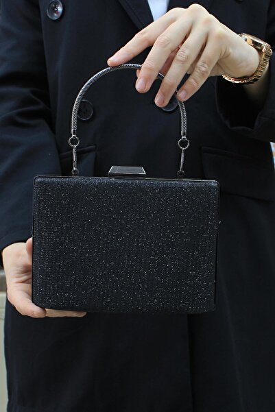 ROZA CANTA Kadın Siyah Simli Abiye , Clutch Gece Çantası