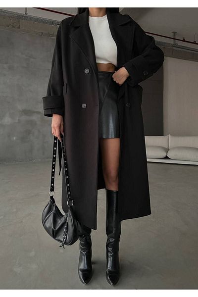 LB Laluna Butik Dámský kabát s dlouhými manžetami s páskem Oversize pohodlného střihu