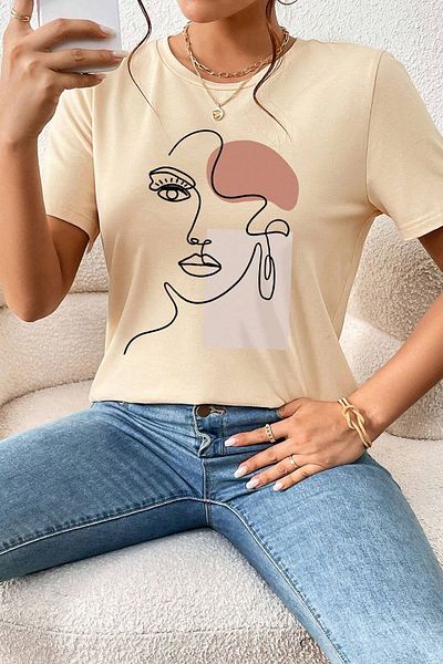 uyguntarz Unisex T-Shirt mit aufgedrucktem Make-up-Silhouette-Design