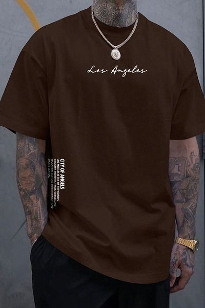 uyguntarz Bedrucktes Oversize-T-Shirt mit Los-Angles-Print für Herren