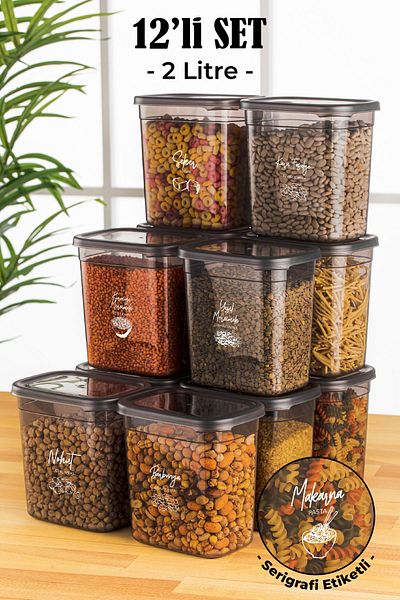 Vienev Set of 12 with White Screen Printing Label Peggy Long Rectangular Storage Container with Transparent Lid 2 Liters