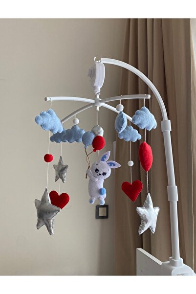 SefDen Lazer Kesim Atölyesi (Müzik - Aparat Dahil)Tavşan figürlü mavi gümüş el yapımı erkek bebek beşik dönencesi