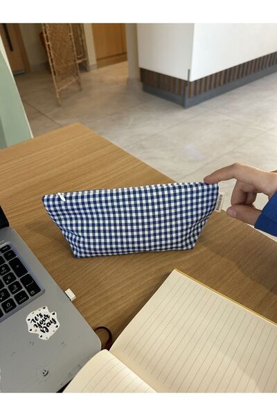 sumicorn Saks Mavi Pötikareli Yıkanabilir Fermuarlı Tek Gözlü Bez Kalemlik Kalem Kutusu Cüzdan Makyaj Çantası