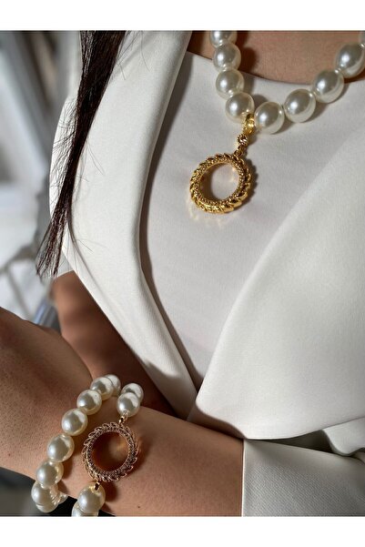 PD GRUP Yarım Altın Uyumlu Çerçeve Kolye Yarım Altın Bileklik Set Incili Yarım Altın Takılan Set Flower