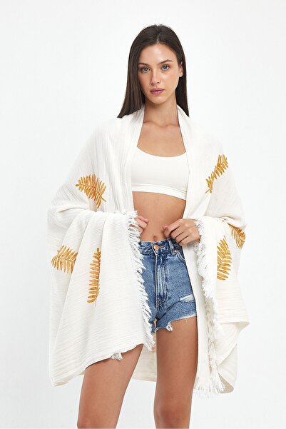 musimino moda Yaprak Desenli Uzun Ahşap Baskı Bambu Havlu Peştemal Bej