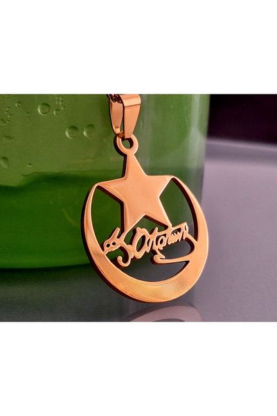VİKİNGS Stainless Steel Gold Color Crescent Inside Kemal Ataturk Signature Necklace / Ataturk Necklace