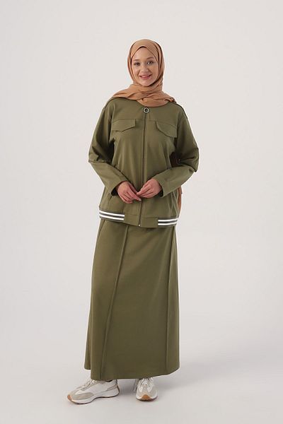 ALLDAY Light Khaki Striped Ribbed Skirt Short Cardigan Suit