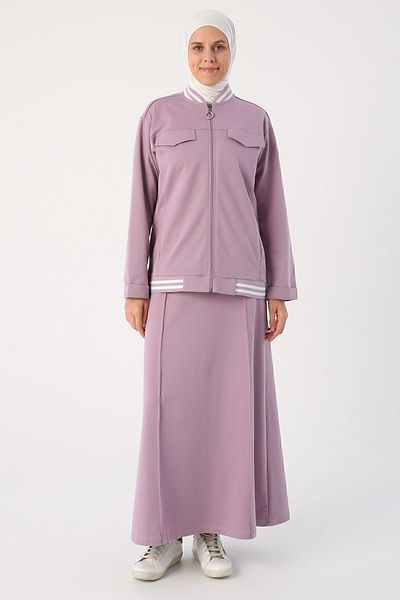 ALLDAY Soft Lilac Striped Ribbed Skirt Short Cardigan Set