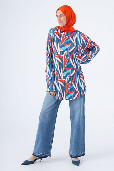 ALLDAY Indigo-red Pleated Printed Patterned Comfortable Fit Tunic
