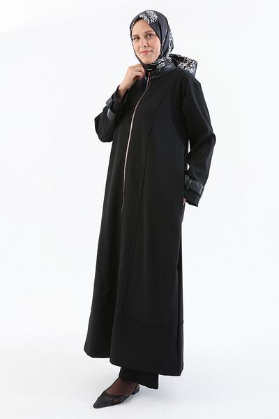 ALLDAY Μαύρη δερμάτινη επωμίδα Λεπτομερής Abaya με φερμουάρ