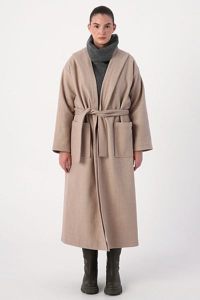 ALLDAY Dark Beige Hooded Belted Cashew Coat