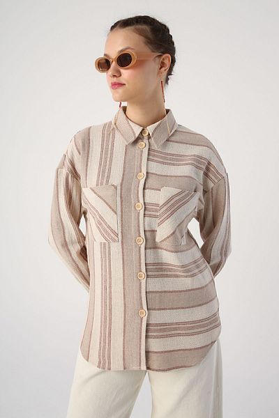 ALLDAY Μπλουζάκι Milk Brown βαμβακερό ριγέ με τσέπες και σκισίματα στα πλαϊνά