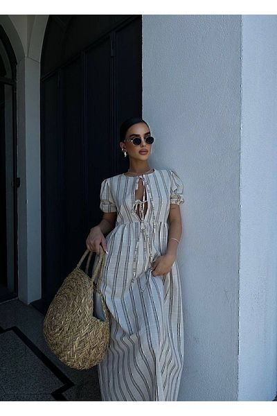 manana fashion Stone Colored Linen Dress - Brown Striped, Lacing Detail, Short Sleeve