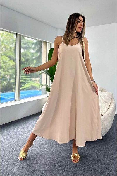manana fashion Rochie Lungă Bej Tesatura Ayrobin cu Bretele Ajustabile