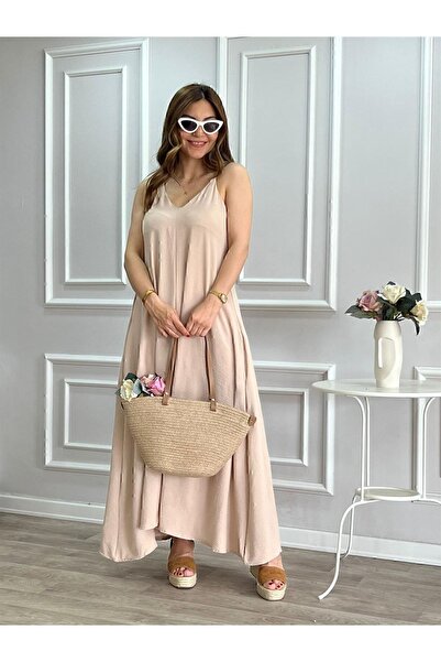 Genel Markalar Aerobin Kumaş Ayarlanabilir Askılı Uzun Bej Elbise