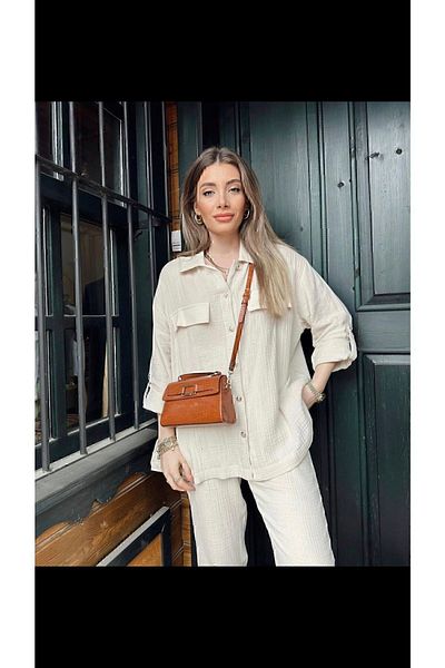 manana fashion Gold Buttoned Pocket Detailed Raw Linen Muslin Fabric Ecru Shirt Trousers Set