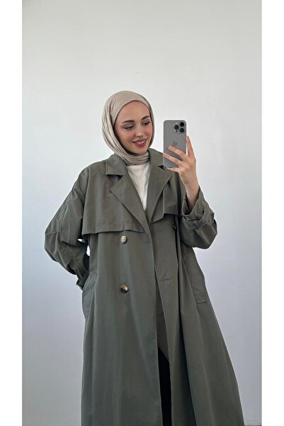 manana fashion Long Double Breasted Khaki Trench Coat - Belted