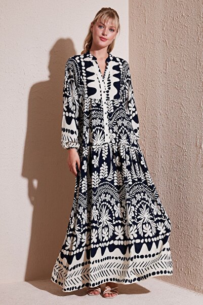Lela Modest Desenli Relaxed Fit V Yaka Uzun Elbise  ELBİSE 66924232S4