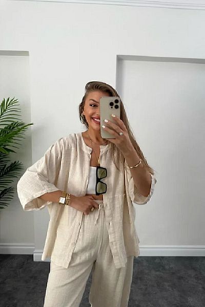 manana fashion طقم قميص بنطلون بوهيمي بلون الحجر من الكتان الخام
