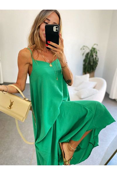 manana fashion Rochie Lungă Verde Tesatura Ayrobin cu Bretele Ajustabile