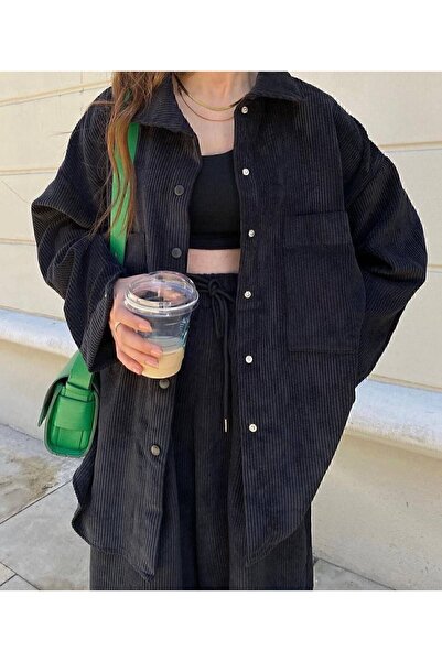 manana fashion Set pantaloni cămașă largi din velur negru