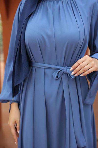 Zaure Women's Hijab Collar Gathered Sleeves Ribbon Dress