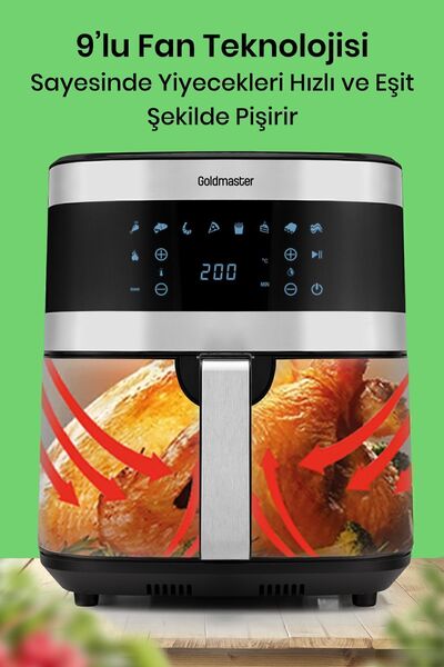 GOLDMASTER Superfry 7 Litre Inox Geniş Hazneli Xxl Dokunmatik 8 Ön Ayarlı Airfryer Sıcak Hava Fritözü