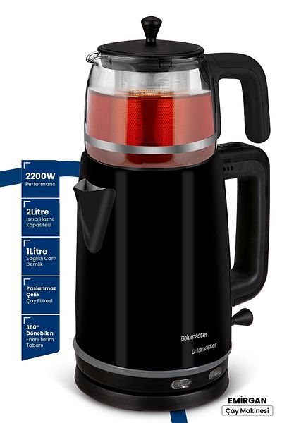 GOLDMASTER Emirgan Black 2200 Watt Large Chamber Stainless Steel Tea Maker and Kettle
