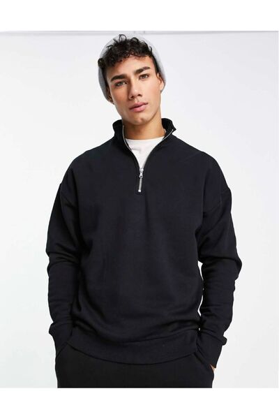 SELENA BUTİK Unisex Silver Zippered Collar Black Sweatshirt