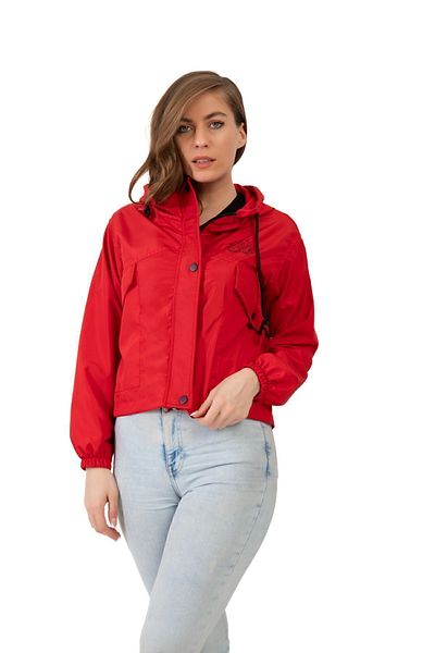 freemen Women's Red Waterproof and Wind-Resistant Hooded Snap Fastener Seasonal Raincoat
