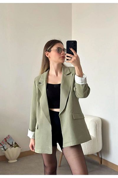 MY IMAGINE MODA Linen Jacket - Khaki Striped and Lined